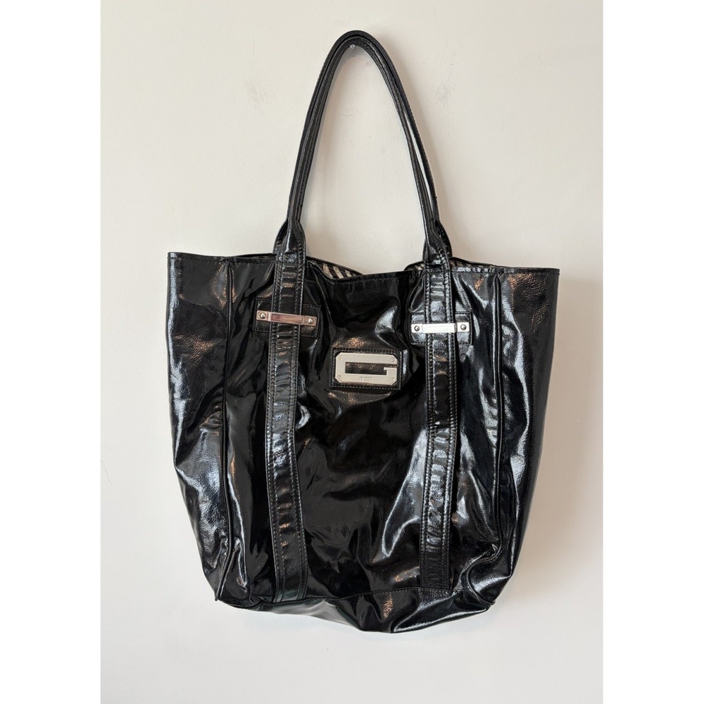 Vtg GUESS Black Patent Large Tote Bag  G Logo Cyber Y2K Office Siren Zebra Liner